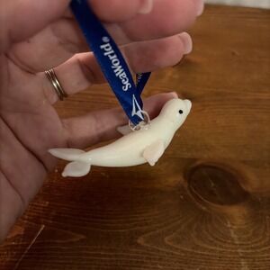 Hand Blown Glass White Beluga Whale SeaWorld  Christmas Omament